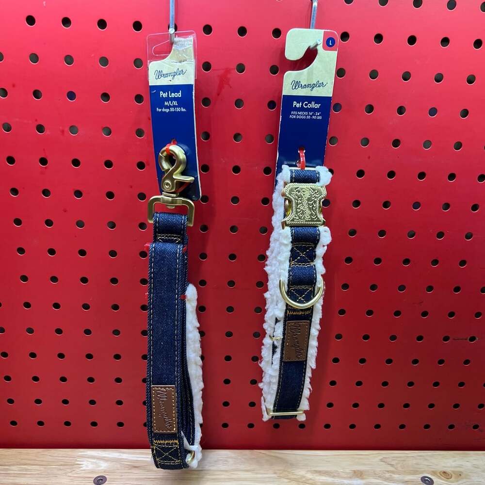 Wrangler Dog Collar + Leash LOT L Large Denim Sherpa Blue Jean Gold Hardware NWT